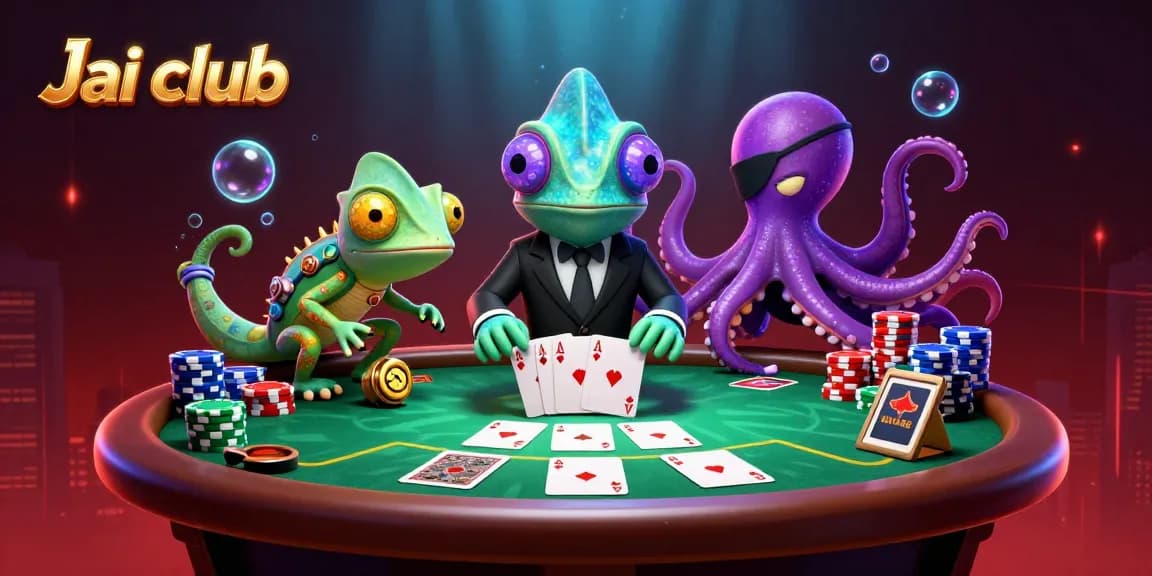 Jai club offers engaging poker action with colorful chips and a dynamic scene featuring unique characters.