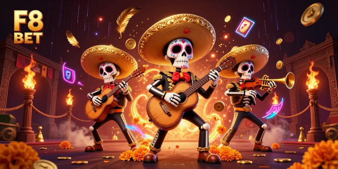 Experience exciting slot games at F8 BET with a vibrant mariachi band illustration.