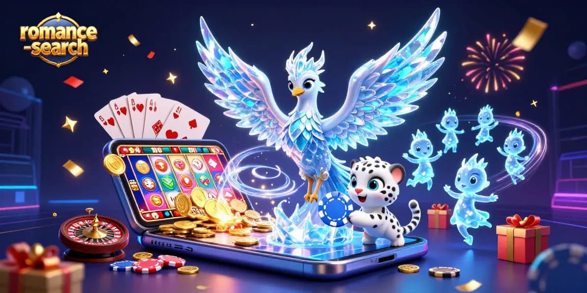 Engage with the vibrant romance-search gaming scene featuring an ice phoenix, poker chips, and celebratory elements.