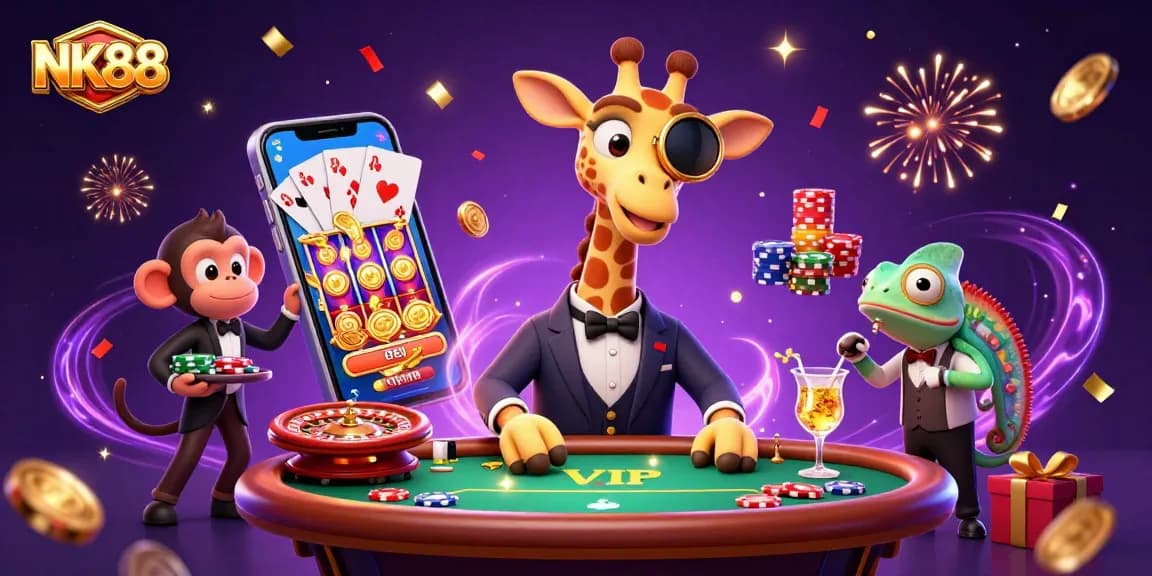 Experience thrilling gameplay with NK88 at a vibrant casino featuring lavish characters and exciting game elements.