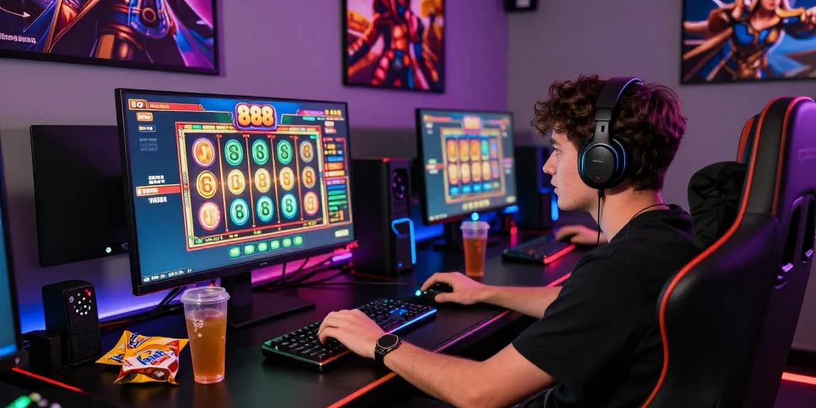 Engaged player enjoying an 888 slot game in a dynamic gaming setup