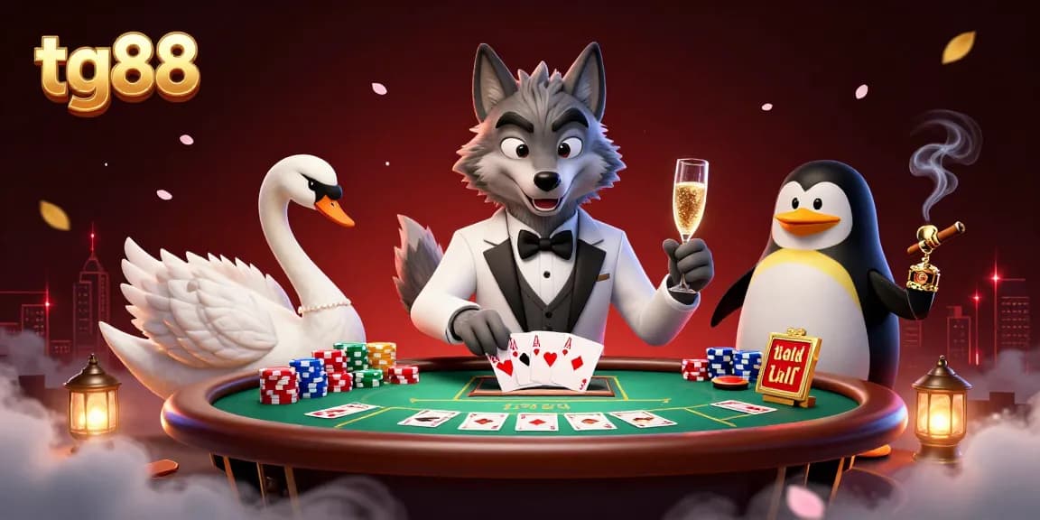 Experience the excitement of tg88 casino with a vibrant gaming scene featuring a debonair wolf and elegant visuals.