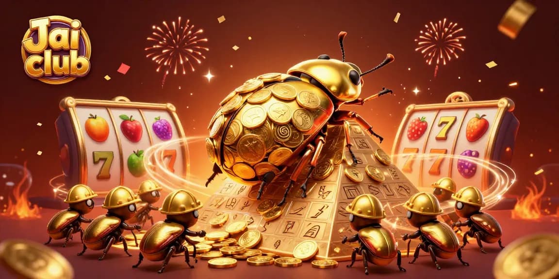Experience thrill at Jai club with vibrant slot reels and golden beetles in celebration!
