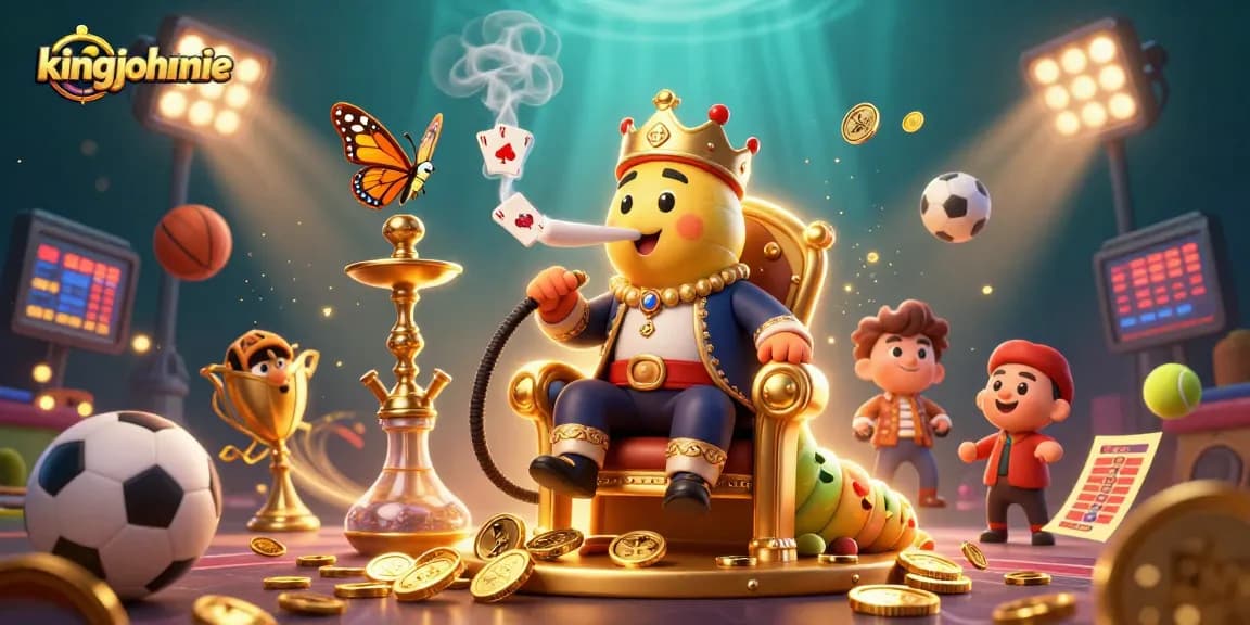 An engaging scene showcasing kingjohnnie, a playful caterpillar hookah-master amidst dynamic sports elements and a vibrant casino atmosphere.