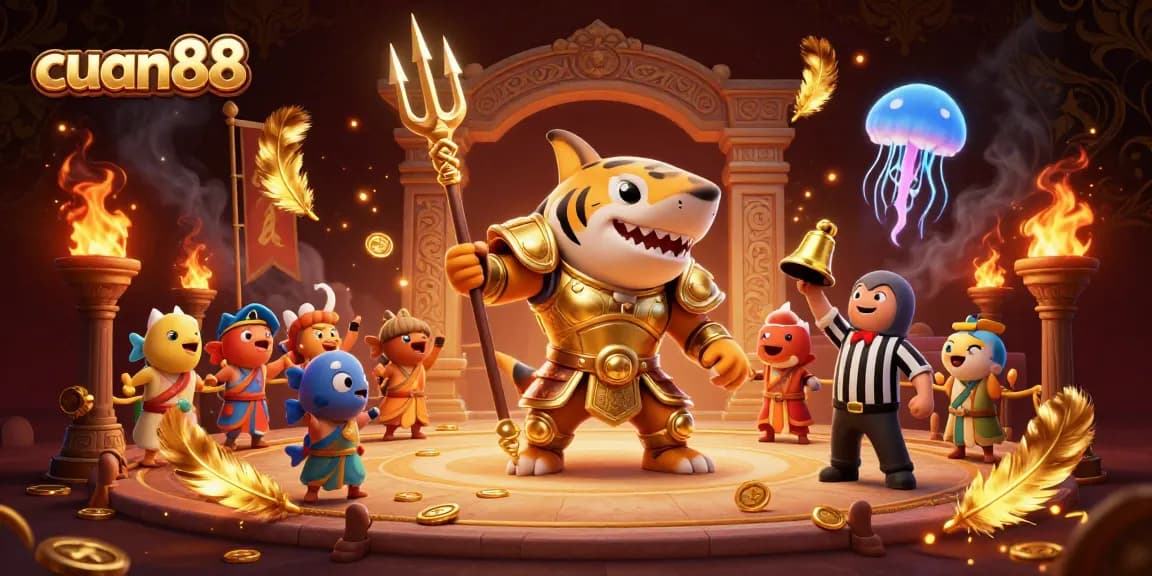 Experience the action with cuan88 as the tiger shark battles in a vibrant underwater casino arena.