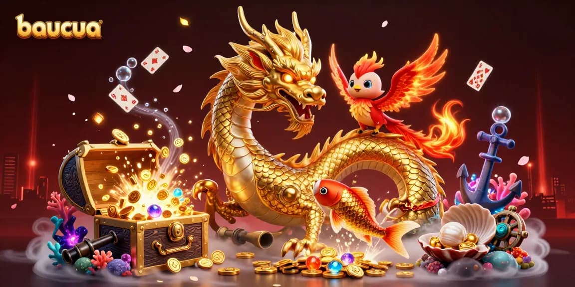 Engage in the thrilling baucua game featuring dynamic dragons and rich treasures.