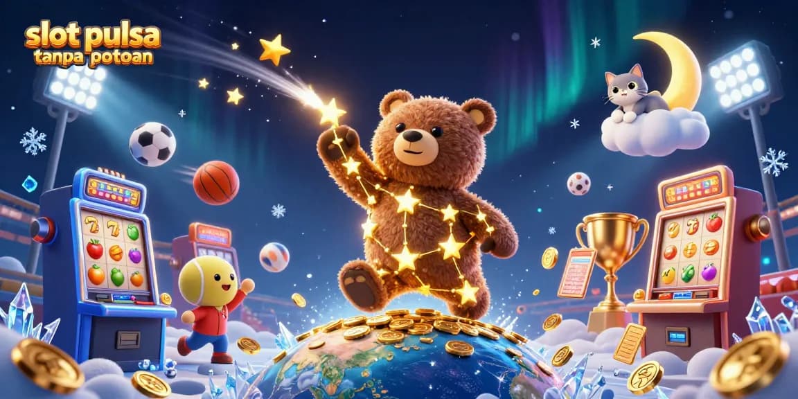 Menangkan permainan slot pulsa tanpa potongan dengan ilustrasi berlaku yang menunjukkan slot dan simbol keberuntungan.