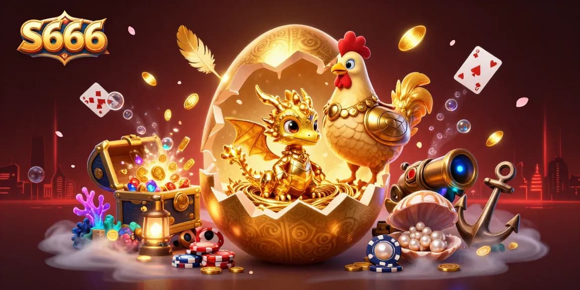 S666 showcases a golden dragon nested on poker chips, surrounded by vibrant casino elements.