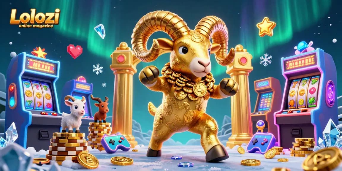 Lolozi online magazine showcases vibrant 3D casino elements with a golden ram charging through games and jackpots.