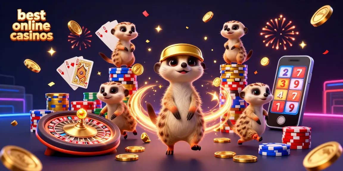 Experience the excitement of the best online casinos with meerkats managing a lively casino scene full of games and rewards.