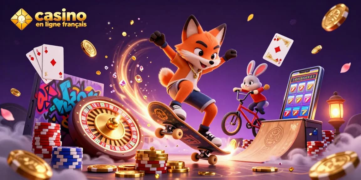 Découvrez le monde vibrant du casino en ligne français avec des personnages animés jouant au poker et aux machines à sous.