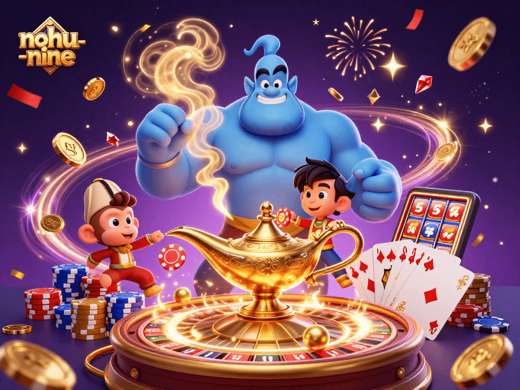 Experience the excitement of nohu-nine with a vibrant illustration of casino elements, magic, and adventure.