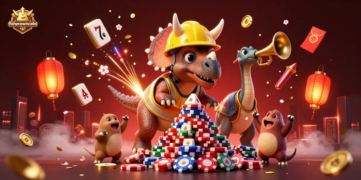 Experience thrilling gameplay with fishprawncrabs as the triceratops builds poker chips amidst vibrant gambling elements.