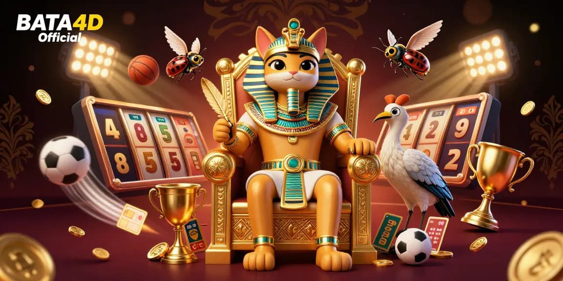 BATA4D Official showcases a dynamic casino scene with Egyptian pharaoh cat, betting slips, and vibrant sports elements.