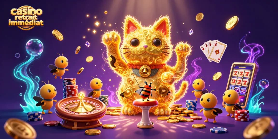 Profitez d'un casino retrait immédiat avec une illustration captivante de symboles de jeu dynamiques.