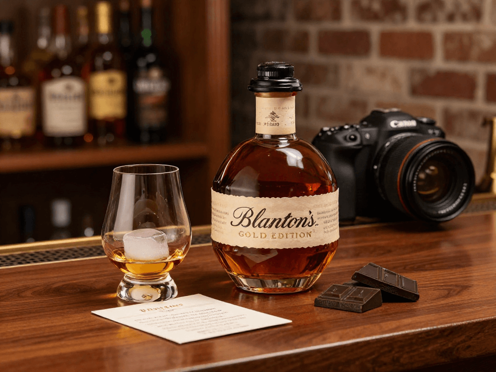 Enjoying Blanton's Gold bourbon in an elegant setting with tasting notes and chocolate.