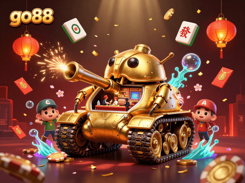 Experience the vibrant go88 casino atmosphere with a dynamic 3D digital illustration featuring a unique golden beetle tank.