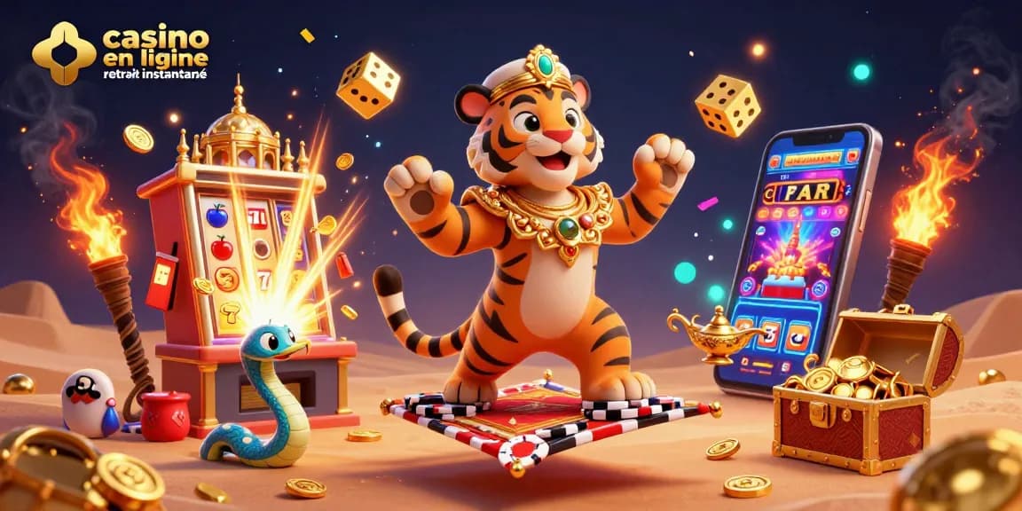 Actionner sur casino en ligne retrait instantané avec un tigre sultan et une machine à sous vibrante dans un décor magique.