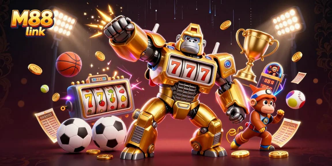 Experience thrilling wins at M88 link with a dynamic 3D scene showcasing sports elements and exciting gambling action.