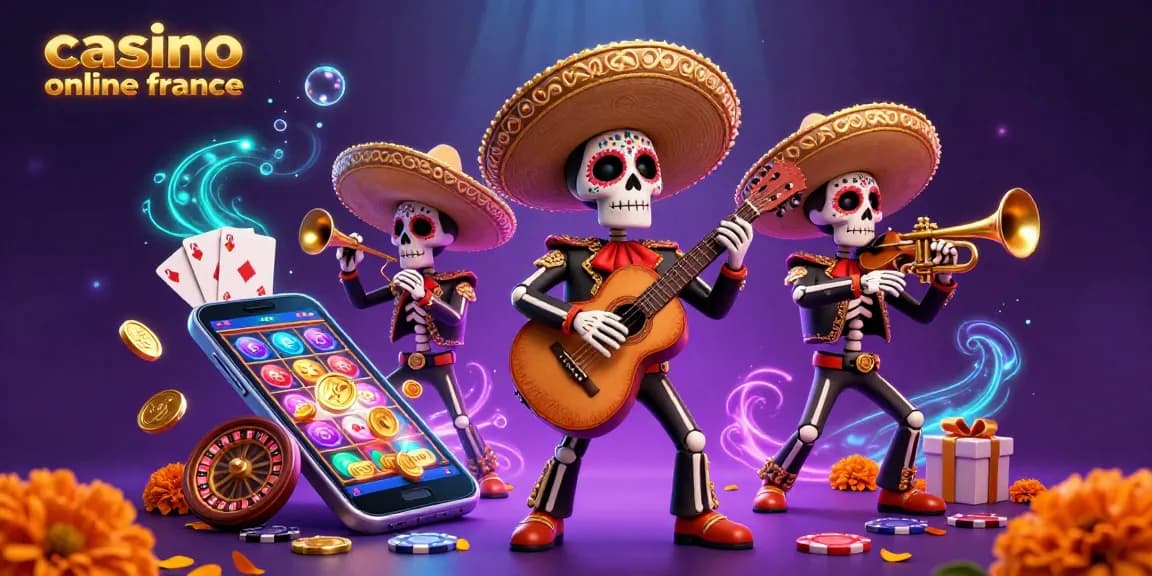 Jouer au casino en ligne France avec une illustration féérique des mariachis squelettes.