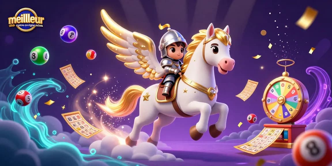 Des jeux captivants et paisibles sur le meilleur site casino en ligne suisse avec un cheval céleste et des éléments de loterie colorés.