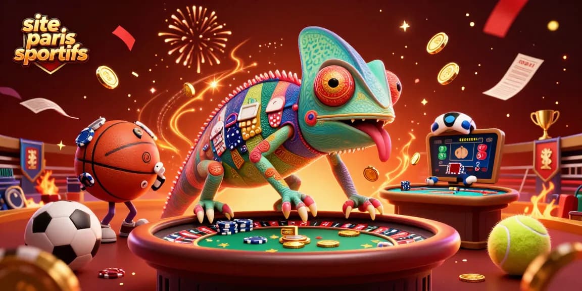 Pariez avec le site paris sportifs dans une illustration dynamique de pari sportif avec un iguane coloré.
