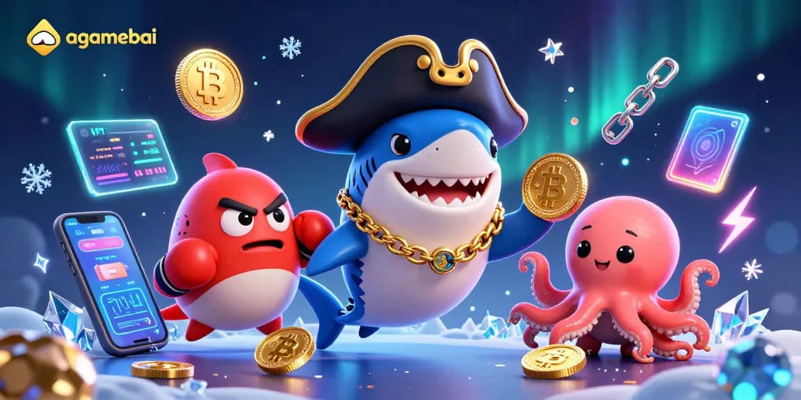 Engage with agamebai's vibrant 3D scene featuring a playful pirate shark and friends in a crypto gaming adventure.