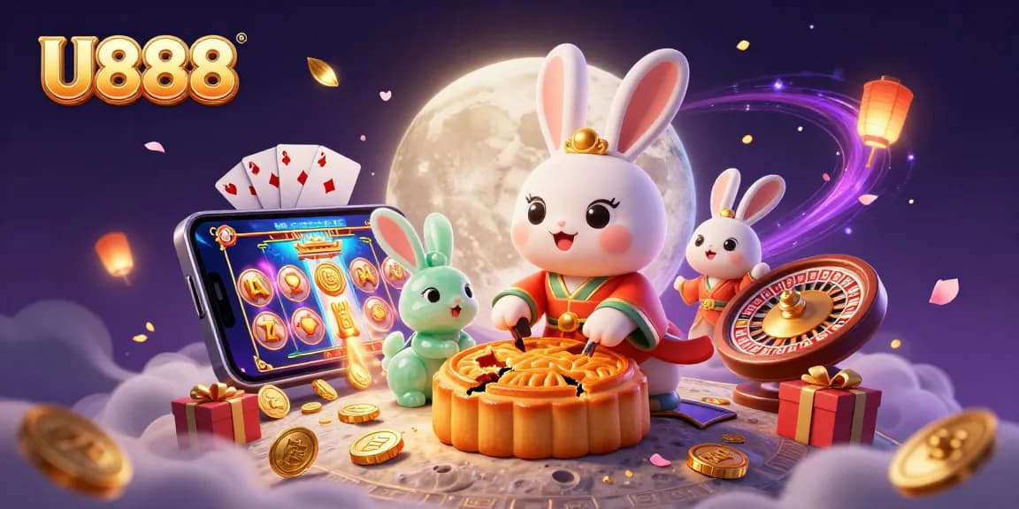 Engage with U888 by exploring an enchanting scene featuring a moon rabbit and gambling treasures.