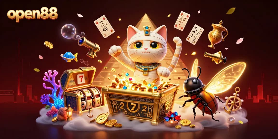 Experience thrilling gaming action with the open88 casino featuring a lively Egyptian theme, vibrant colors, and dynamic characters.