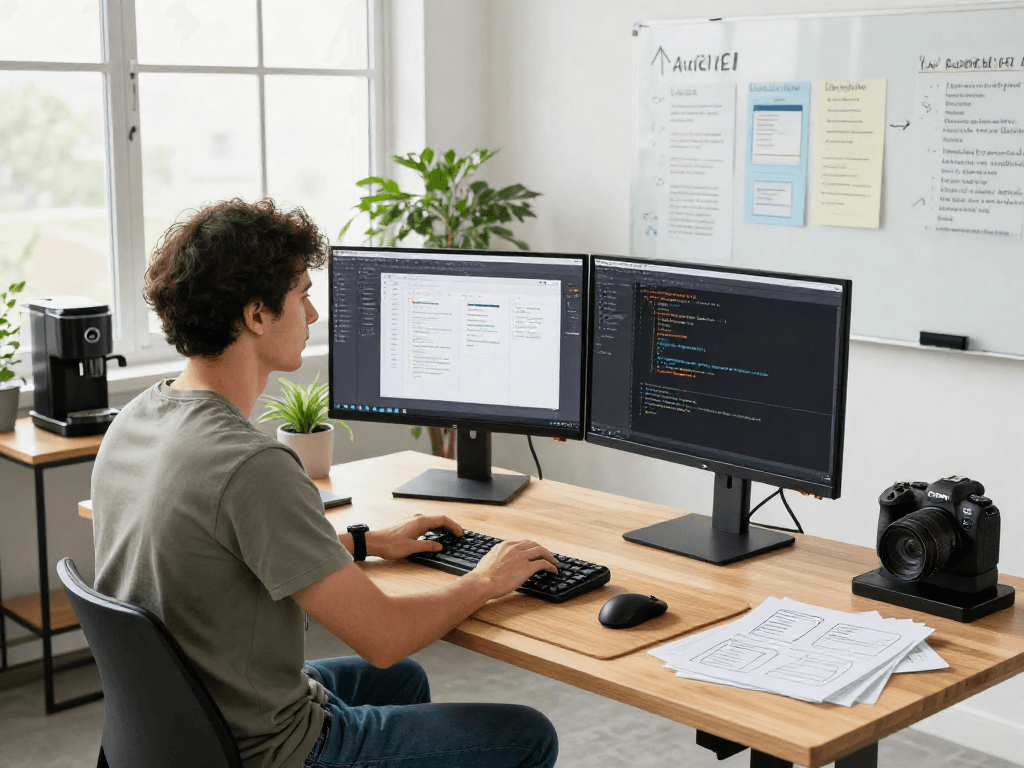 Software engineer coding at a modern workspace focusing on net88 application design and development.