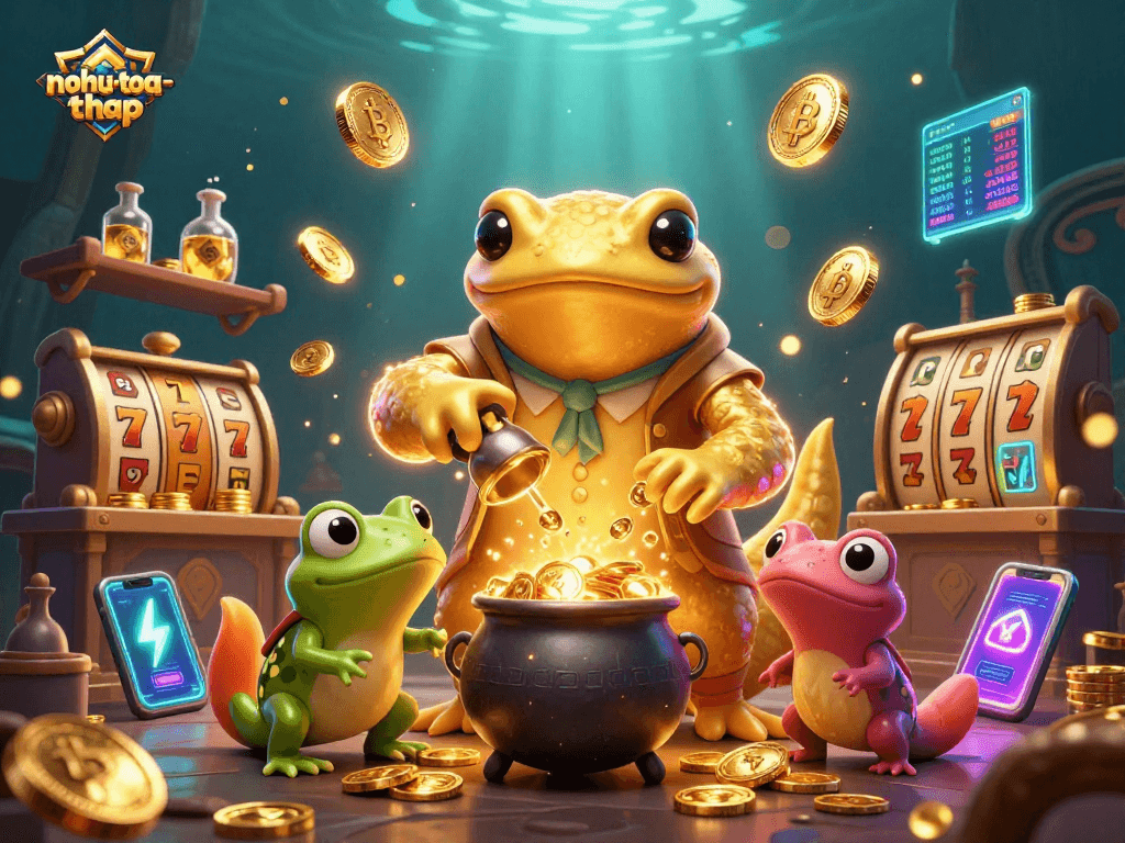Engage with nohu-toa-thap as a golden salamander alchemist conjures jackpots in a vibrant casino!