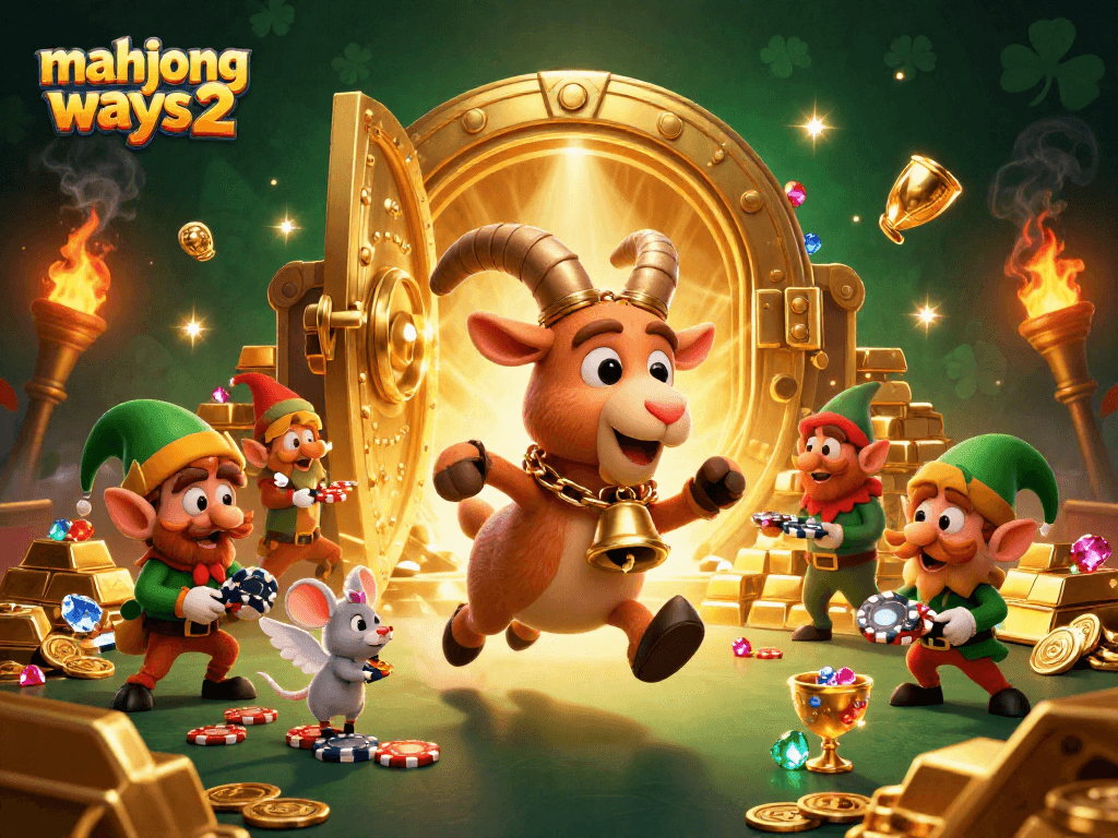 Engage with mahjong ways 2 in a vibrant, dynamic casino scene featuring playful characters and luxurious treasures.