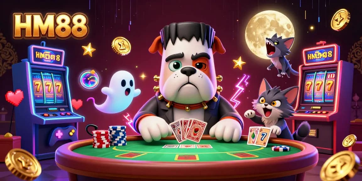 Experience winning magic at HM88 casino with a spooky poker scene featuring unique characters and vibrant gaming elements.