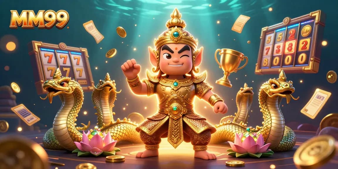 Engage with MM99's thrilling slots and golden jackpots in this vibrant 3D casino illustration.