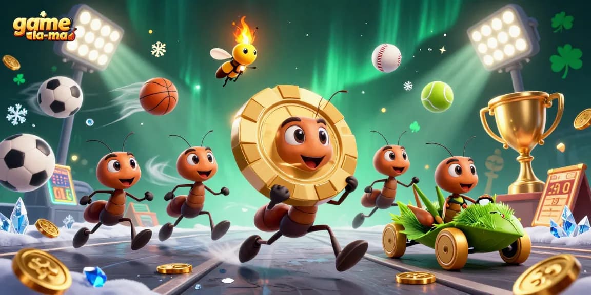 Experience thrilling gameplay at game-la-ma with a dynamic heist scene featuring cartoon ants and vibrant casino elements.
