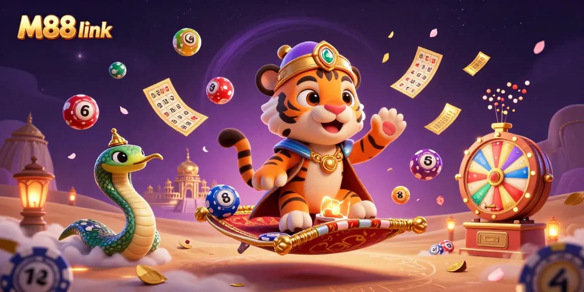 Experience thrilling wins with M88 link in this vibrant casino-themed illustration featuring a sultan.