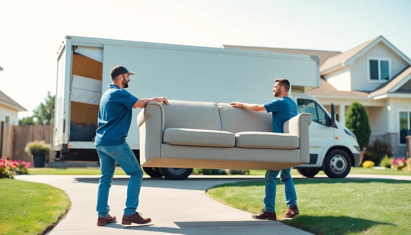 Showcasing Residential Moving Services with professional movers carefully transporting a sofa.