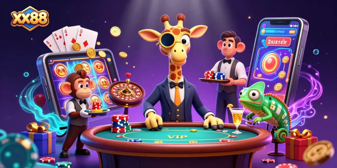 Engage with the vibrant xx88 casino scene featuring a high-roller giraffe and gameplay elements.