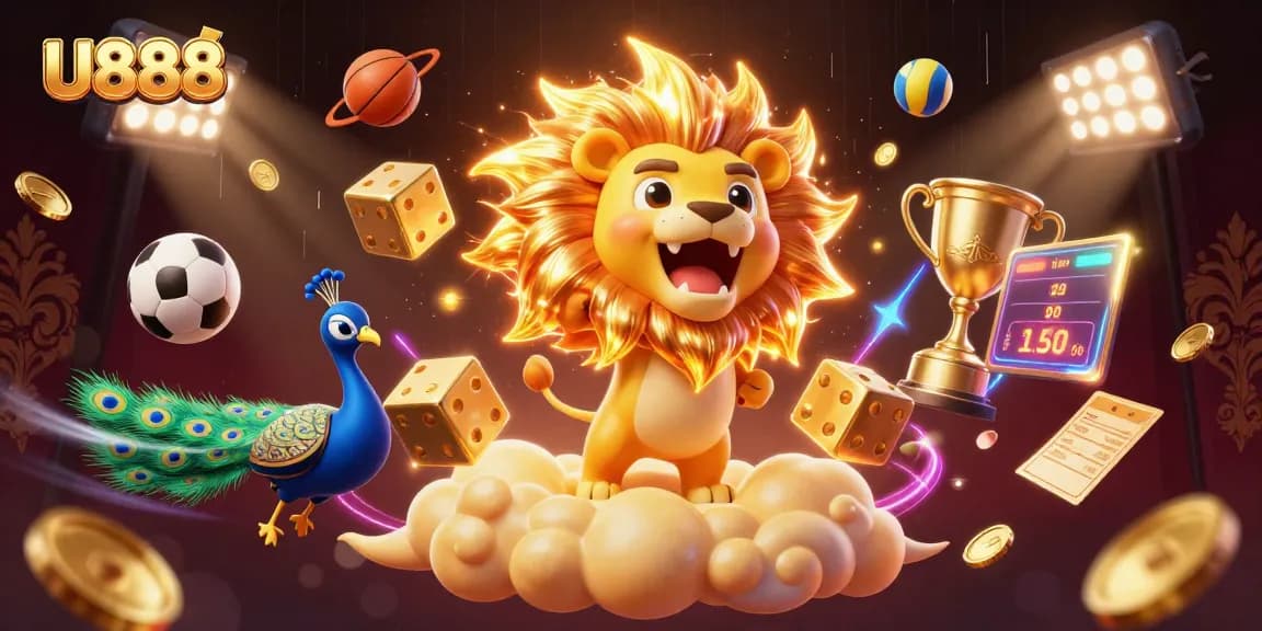 U888 features a roaring sun lion amidst dynamic sports elements, symbolizing thrilling online casino action.