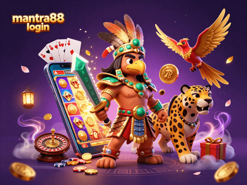 Experience exhilarating gaming with mantra88 login in a vibrant 3D casino illustration.