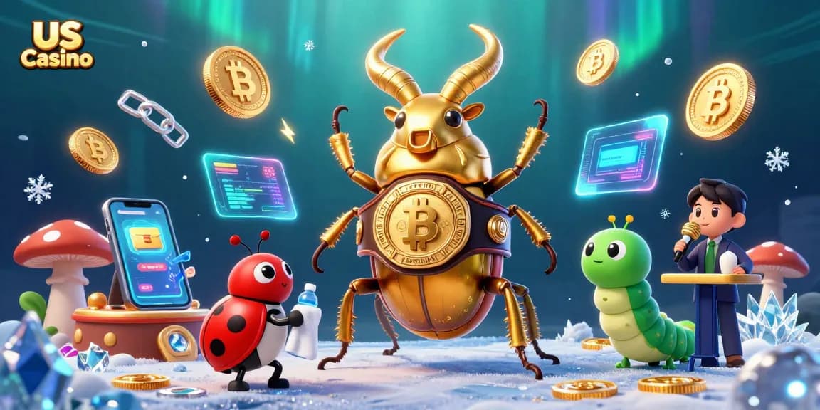 Bet on exciting games at us casino, featuring a giant beetle boxing champion and vibrant crypto elements.