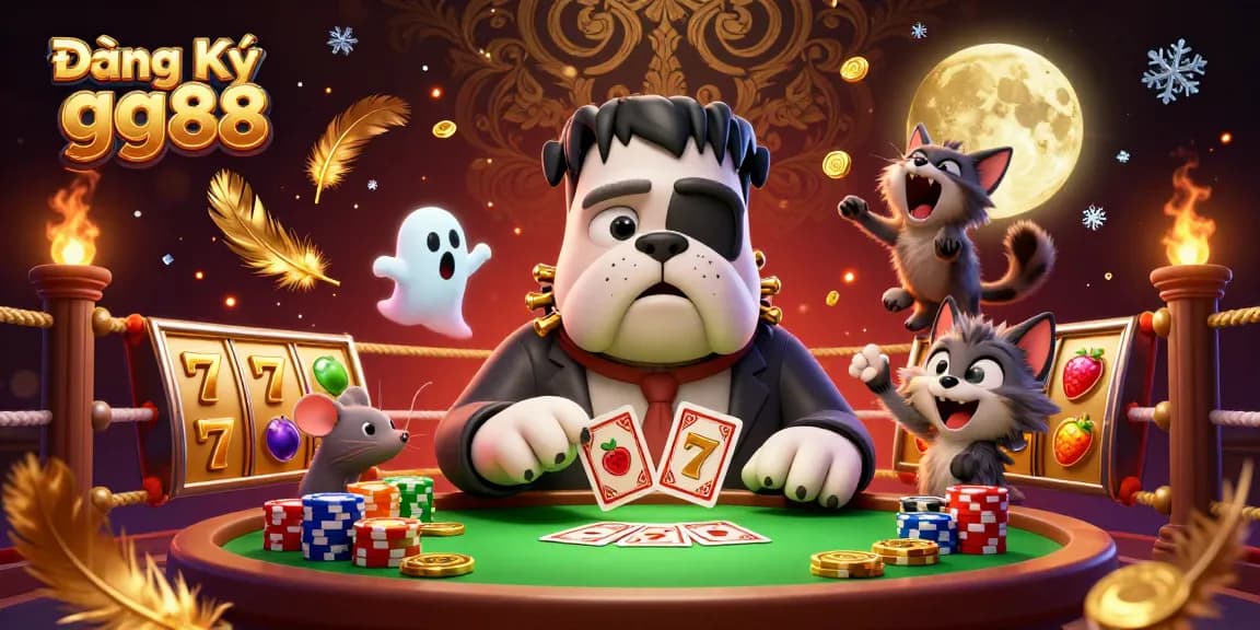 Experience exciting card games with Đăng Ký gg88 as the Frankenstein bulldog dealer captivates players in a vibrant casino setting.