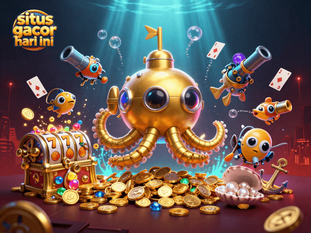 Situs slot gacor hari ini showcases a thrilling scene with a golden kraken submarine amidst glittering slots and treasure