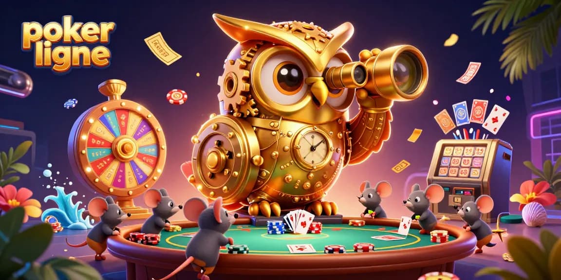 Une scène de poker en ligne pleine d'énergie avec un hibou mécanique et des souris entre les tables de poker.