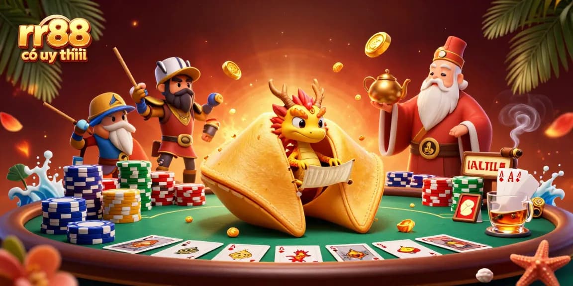 Win big at rr88 có uy tín with a vibrant casino-themed 3D illustration featuring fortune cookie characters and game elements.