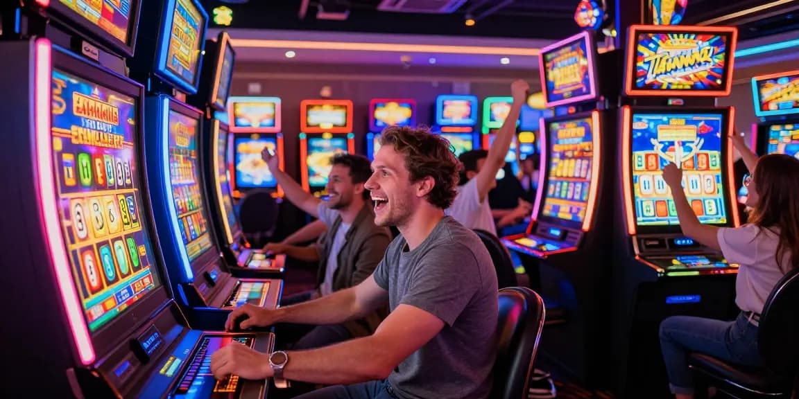 Player enjoying exciting เกมสล็อต experience at a vibrant casino gaming floor.