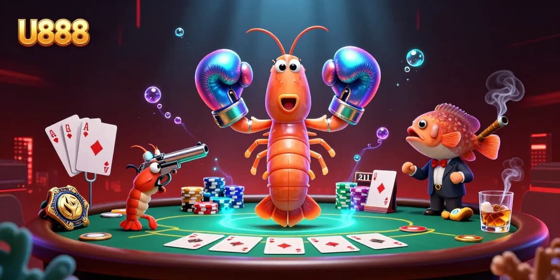 Play poker like never before with U888, showcasing 3D cartoon mantis shrimp and friends in an electrifying casino scene.