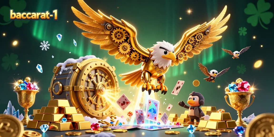 Baccarat-1 features a dynamic 3D illustration of a golden eagle diving through holographic cards amidst treasures.