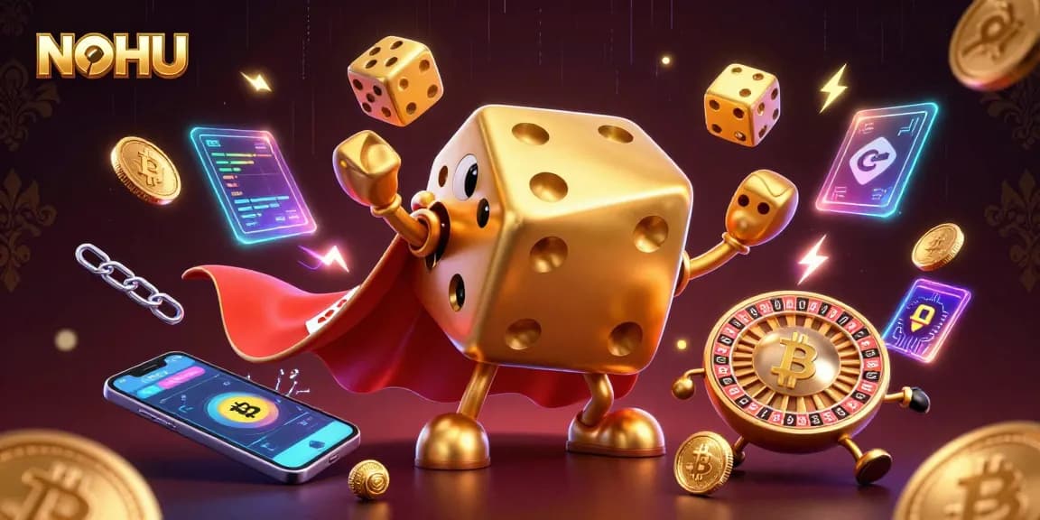 Engage with NOHU's dynamic casino experience featuring golden dice and crypto elements.