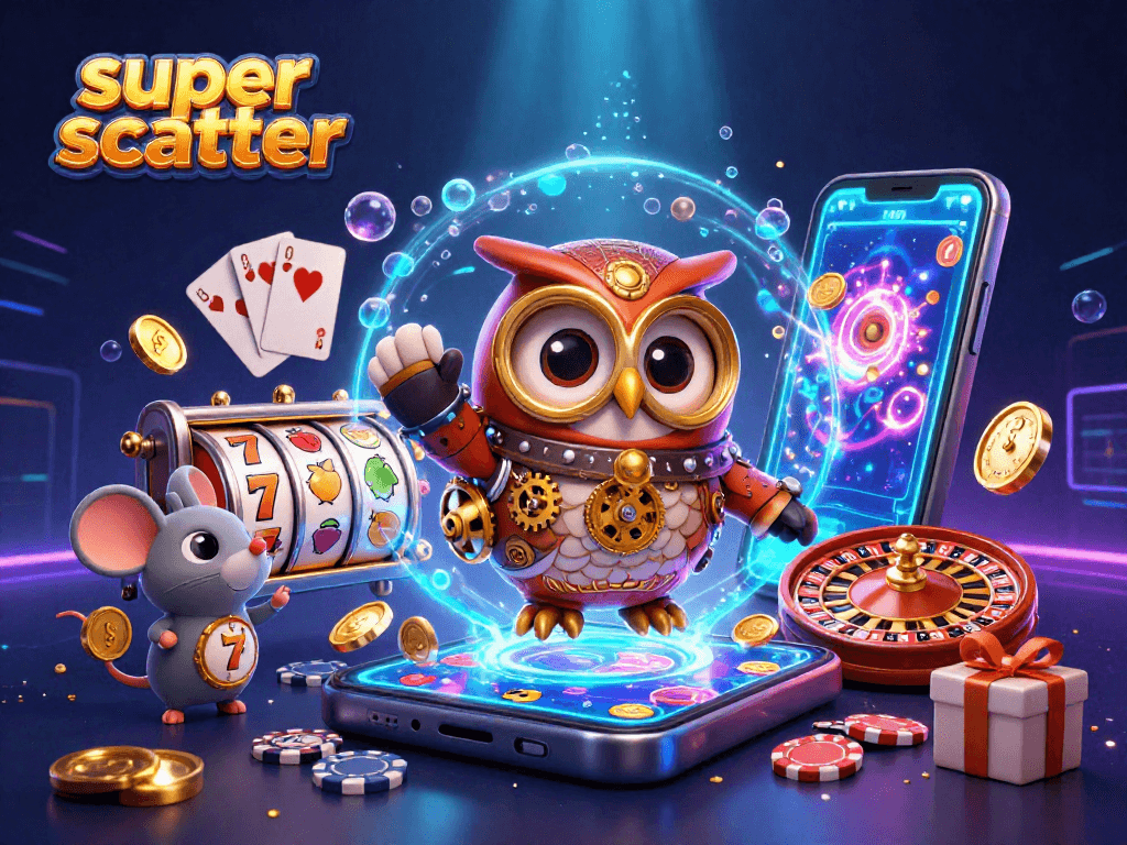 Spin the reels with super scatter bonuses and win big in this vibrant casino scene!